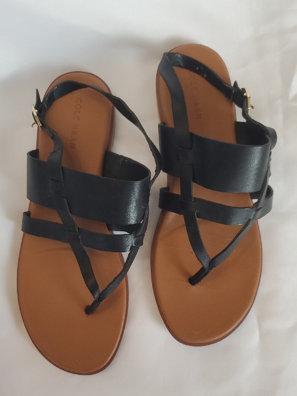 Cole Haan Black Leather Strappy T‑Bar Sandals Flat Shoes Women's 7 - Picture 2 of 8